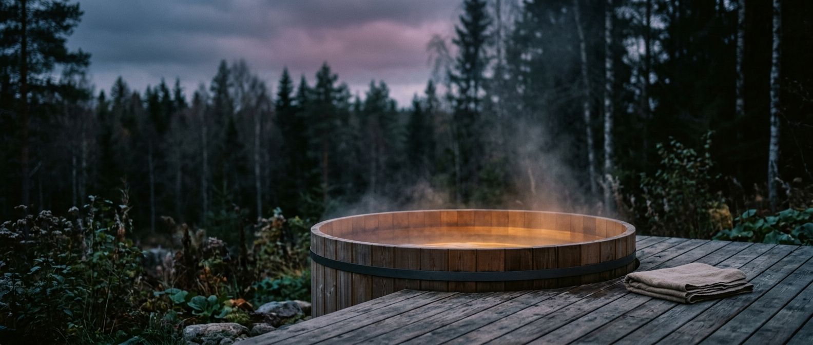 Bain nordique en bois fumant sur la terrasse d'un hébergement insolite en lisière de forêt
