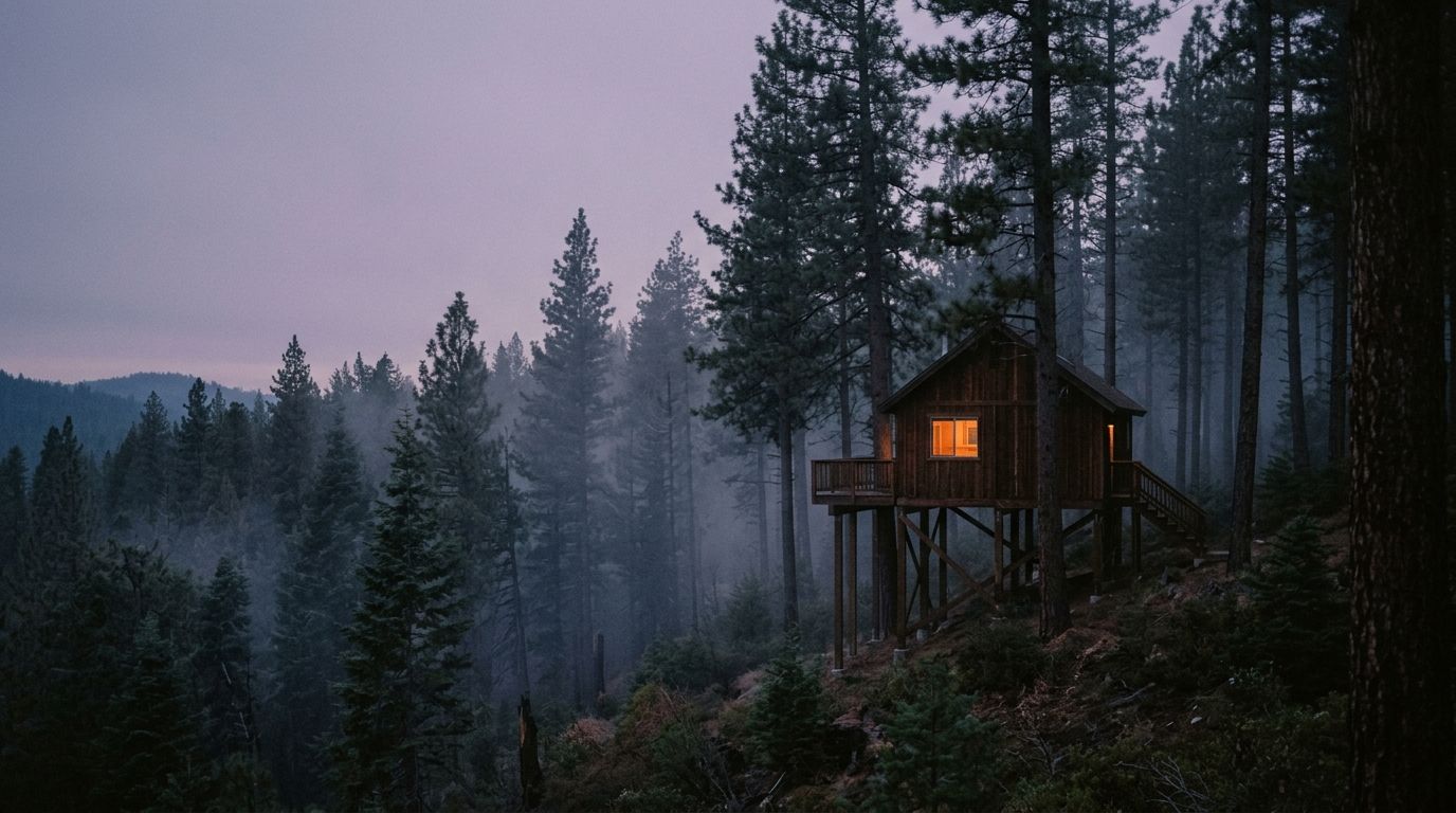 Cabane perchée en bois éclairée au crépuscule dans une forêt de pins brumeuse