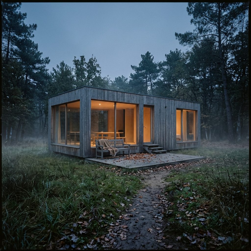 Lodge vitré éclairé de l'intérieur, en lisière de forêt à la tombée du jour