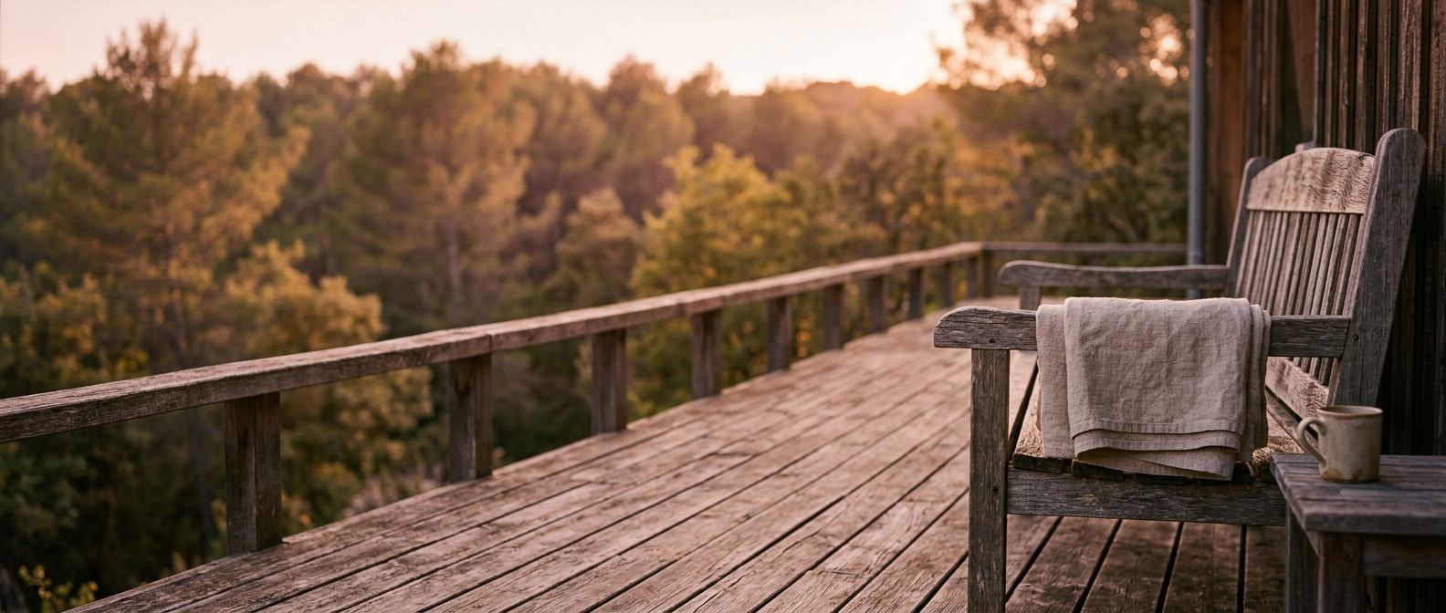 Terrasse en bois d'un hébergement insolite en forêt au coucher du soleil