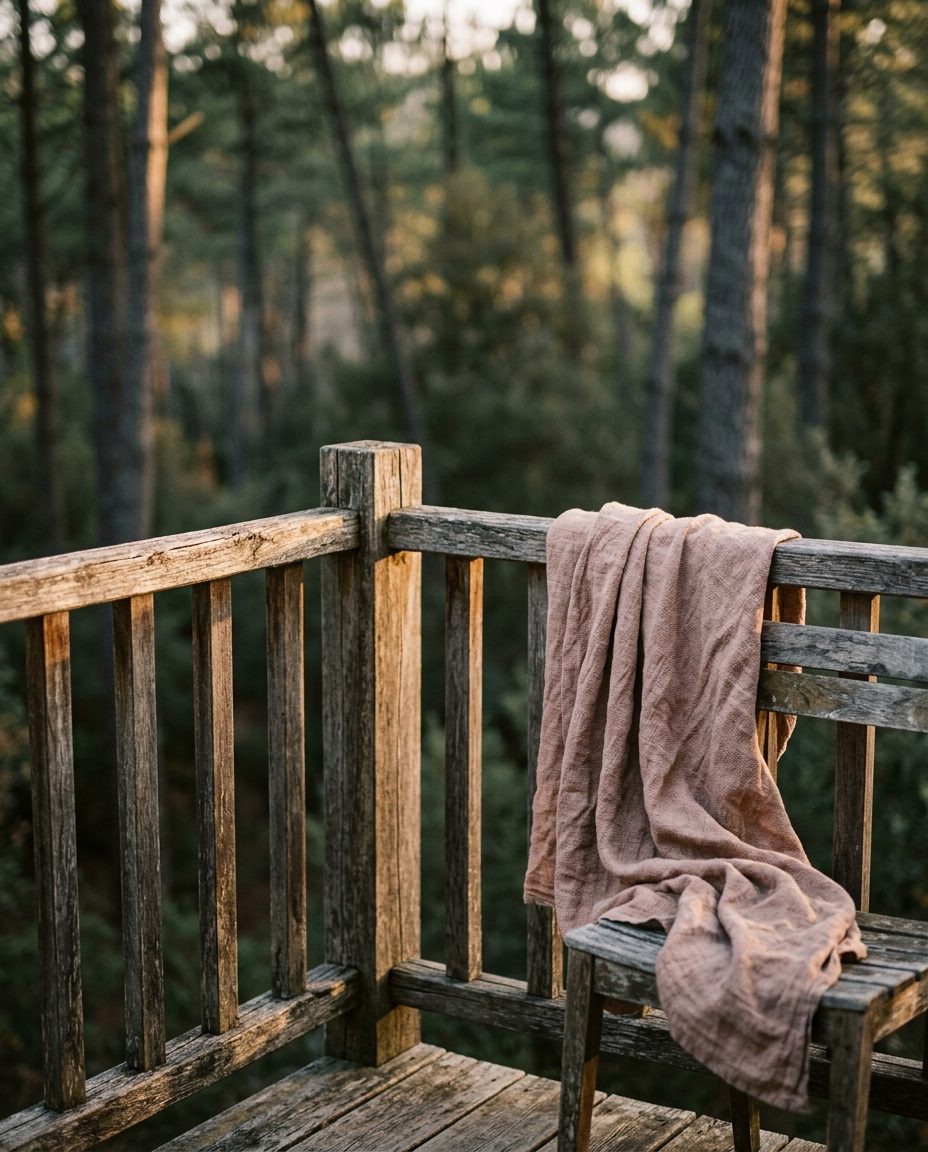 Terrasse en bois d'un hébergement insolite au coucher du soleil, plaid posé sur un banc